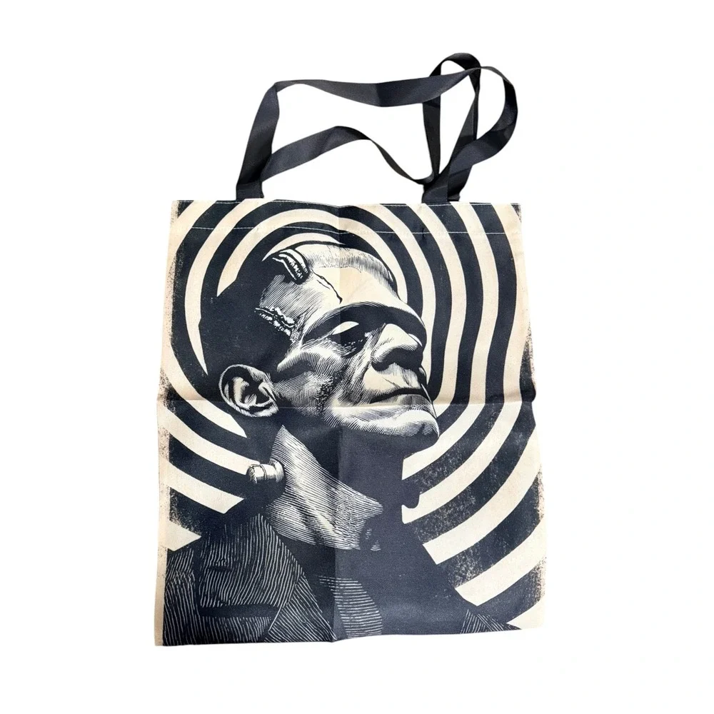 Frankenstein Monster Graphic Canvas Tote Bag Black White Horror Gothic Spiral